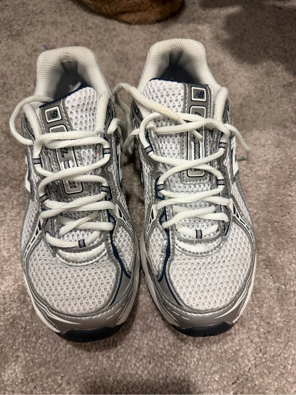 New Balance Kids White and Gray Mesh Sneakers with Navy Accents